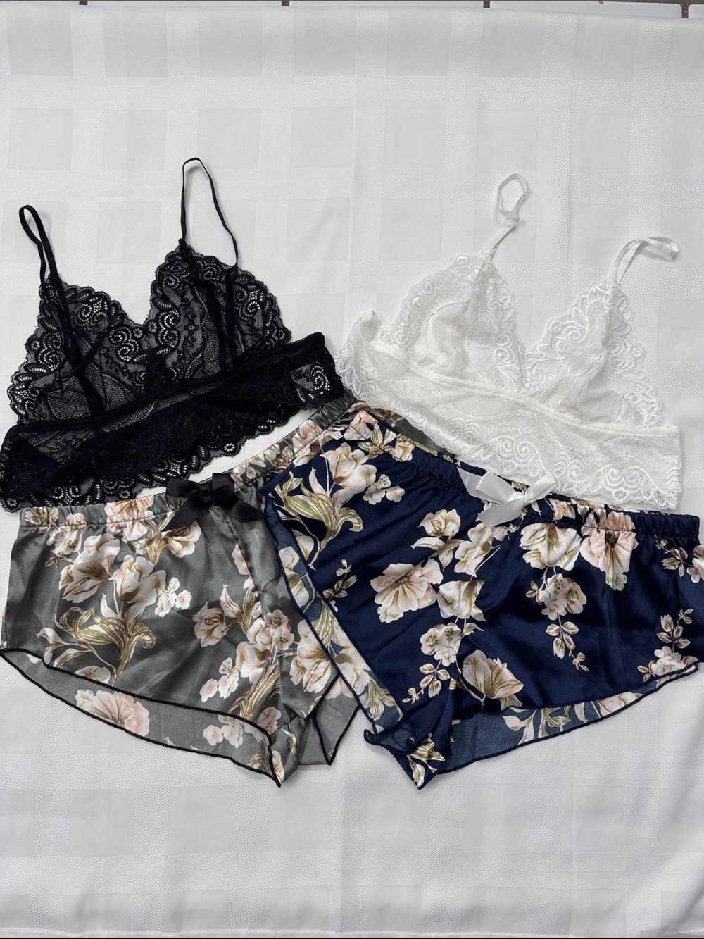 SHEIN Black & White Lace Bralette Set with Floral Satin Shorts (Navy & Gray)